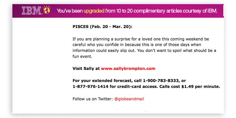 IBM advertisement at the Globe and Mail on a horoscopes page, with a phone number for Sally Brompton