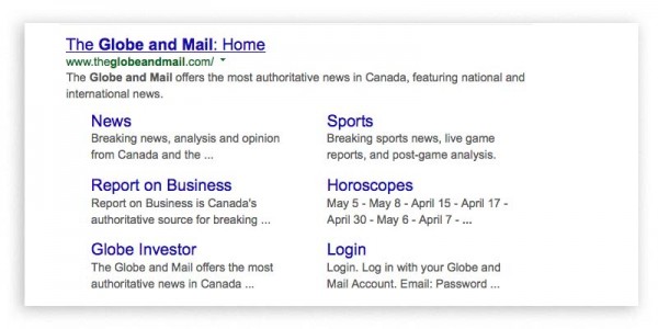 Google search results for the Globe and Mail include horoscopes