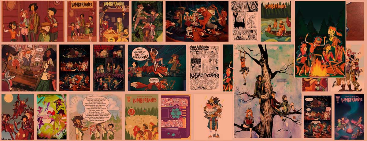 A variety of images and panels by Lumberjanes