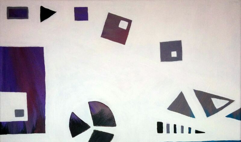 A oainting of geometric shapes that are coloured grey and purple, with white between the shapes