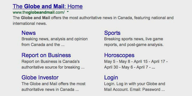 A screenshot of Globe and Mail Google results, including horoscopes.