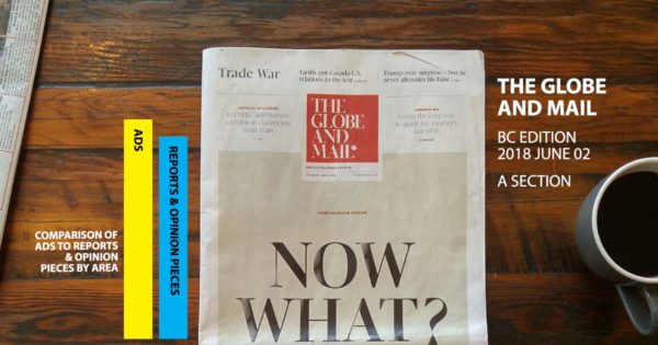 Ads versus articles in the Saturday BC Edition of the Globe and Mail, A Section