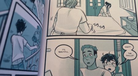 Panels from Bloom: Hector and Ari watch Ari's parents make phyllo, in awe.