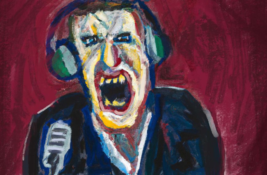 Painting of an angry white radio announcer yelling into his microphone and looking very agitated.